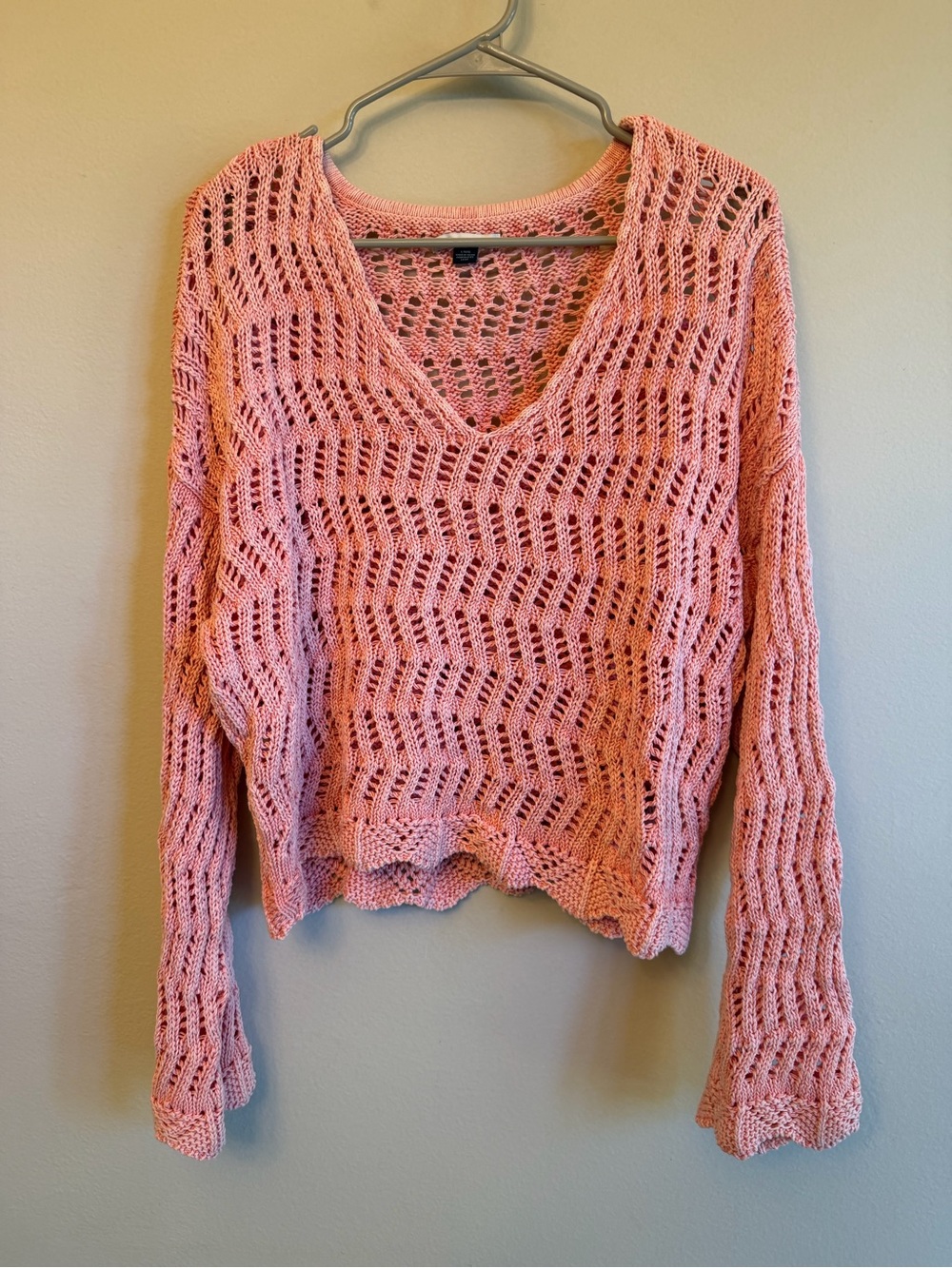 American Eagle Outfitters Pink Open-Weave V-Neck Sweater